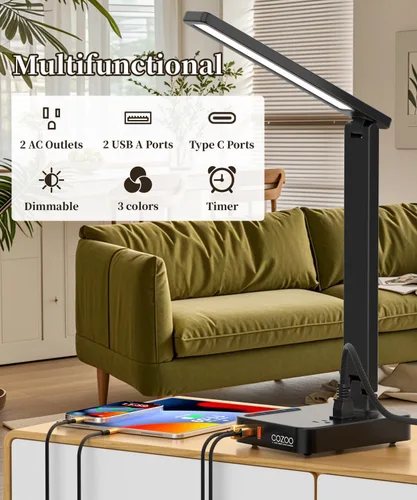 Vista 5 de COZOO Lámpara de escritorio LED con 3 puertos de carga USB, 2 tomas de corriente CA, 3 modos de color y 3 niveles de brillo, función