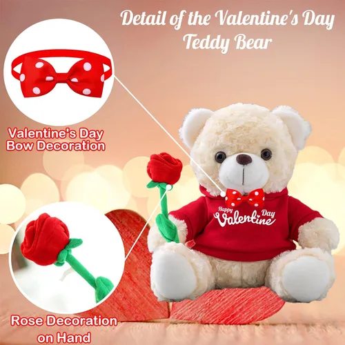 Vista 3 de Oso de peluche personalizado con foto y texto personalizado, oso de peluche de San Valentín con rosa y lazo para ella como regalo personalizado