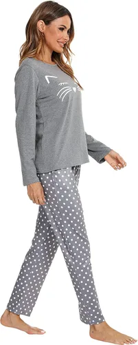 Vista 4 de Homimor Cotton Pajamas For Women, Long Sleeve Sleepwear with Long Pants, Cat Printed Pj Loungewear Sets, PJ Set for Women