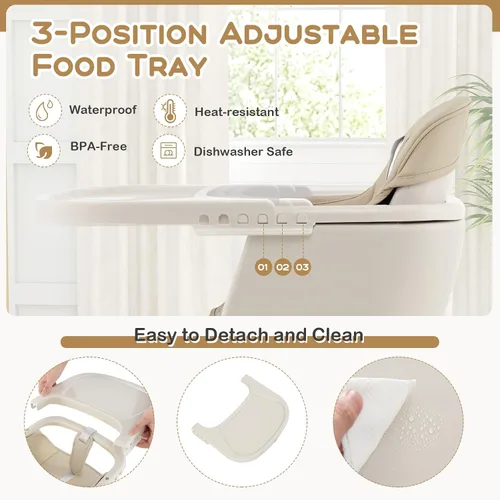 Vista 3 de BABY JOY Trona convertible para bebé, 3 en 1, silla alta de madera/asiento elevador/silla con bandeja extraíble, patas ajustables, arnés de 5 Beige