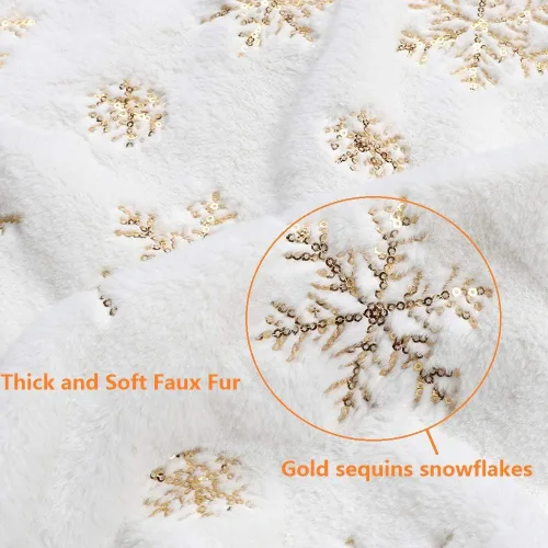 Vista 3 de LOMOHOO Falda para árbol de Navidad, grande, de piel sintética de lujo blanca y dorada con falda de árbol de copos de nieve, decoraciones