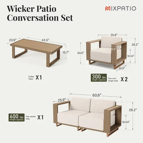 Vista 6 de MIXPATIO Juego de muebles de patio, sofá de mimbre para exteriores de 4