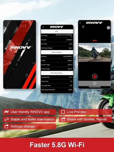 Vista 5 de Cámara de tablero de motocicleta INNOVV K7, cámara frontal y trasera 2K + 2K con EIS antisacudida, cámara de tablero de motocicleta con modo