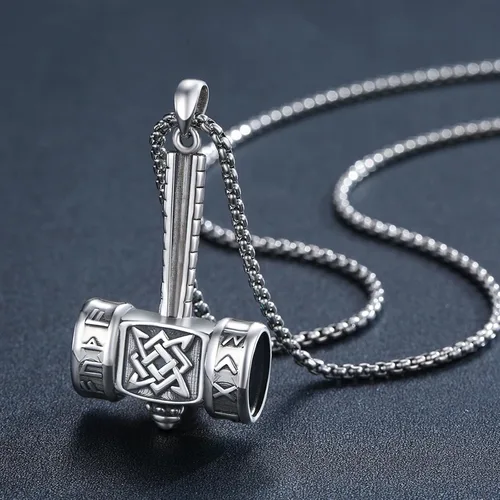 Vista 2 de Thor's Hammer Talismán Collar Colgante de amuleto vikingo de plata de ley S925 brújula nórdicasímbolo pagano celta Odin regalo para hombres