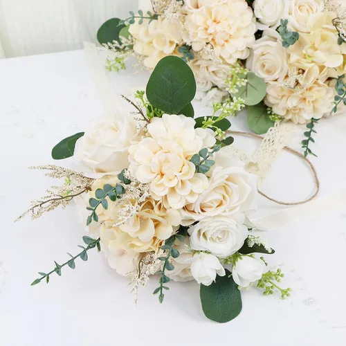 Vista 3 de Ramos de novia bohemios para boda, ramos de 9 pulgadas de flores artificiales para decoraciones de centro de mesa de ceremonia y aniversario, rosas