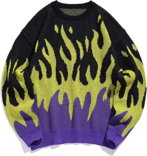 Vista 107 de ZAFUL Y2K - Suéter casual con estampado de llama estética para hombre, suéter de punto holgado, manga larga, cuello redondo