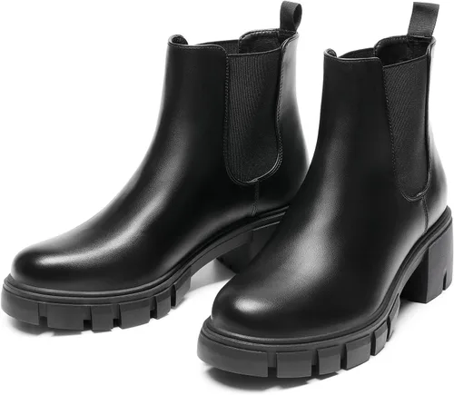 Vista 3 de DREAM PAIRS Botines Chelsea para mujer con tacón bajo y grueso, suela elástica, botines para mujer