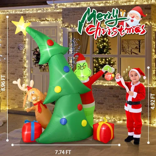 Vista 7 de Hioasis Decoración inflable de Navidad para exteriores de 9 pies, árbol con monstruo verde de Navidad, perro y cajas de regalo con luces LED
