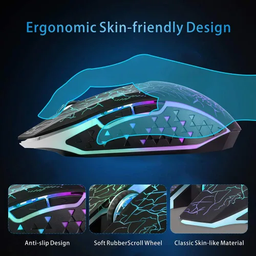 Vista 5 de TENMOS M2 - Mouse inalámbrico para juegos, mouse óptico USB silencioso recargable con luz LED de 7 colores, diseño ergonómico, 3 DPI ajustables