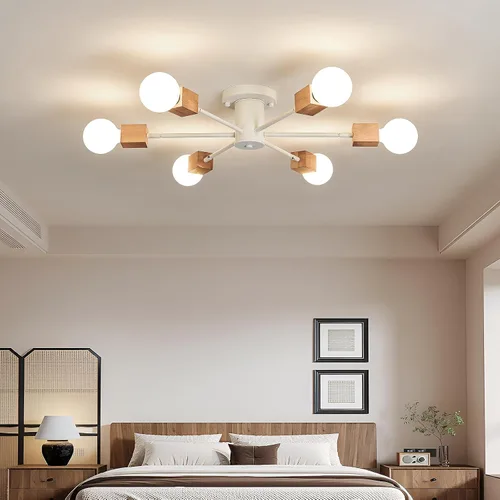Vista 7 de Lámpara Sputnik Boho de 6 luces semiempotrada para techo, lámpara de techo de madera y blanca para comedor, sala de estar, dormitorio, cocina