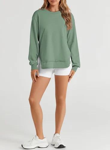 Vista 4 de SHEWIN Sudadera de gran tamaño para mujer, casual, de otoño, manga larga, cuello redondo, sin botones