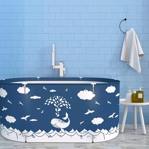 Vista 5 de Bañera plegable portátil, tina de baño ecológica, para cabina de ducha, engrosamiento con espuma térmica para mantener la temperatura (XL cielo azul)