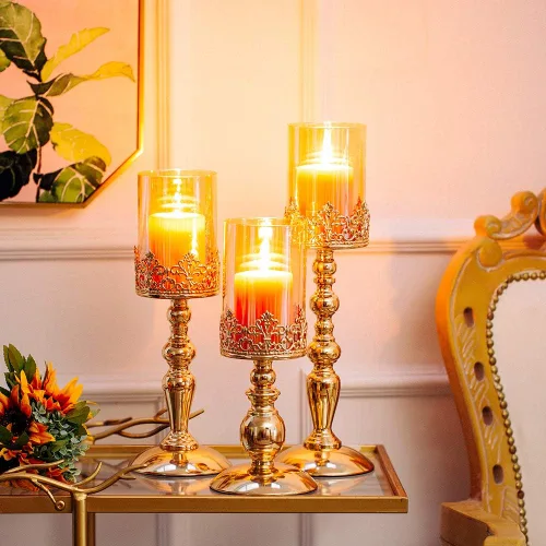 Vista 3 de Nuptio Portavelas de pilar con vidrio, juego de 3 portavelas dorados de huracán, decoración moderna del hogar, regalos para boda, aniversario