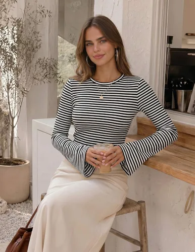 Vista 6 de Zeagoo Camisas de punto acanalado con cuello redondo y manga larga para negro blanco raya
