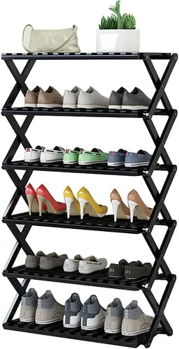 Vista 7 de Zapatero plegable de bambú negro para entrada, estante de zapatos sin instalación, organizador de zapatos que ahorra espacio y almacenamiento