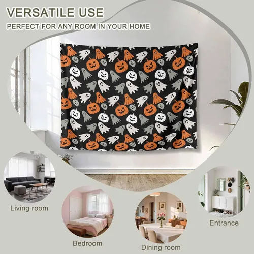 Vista 7 de Tapiz de Halloween para colgar en la pared, fantasma, monstruo de calabazas, tapiz estético lindo de dibujos animados naranja para dormitorio, sala