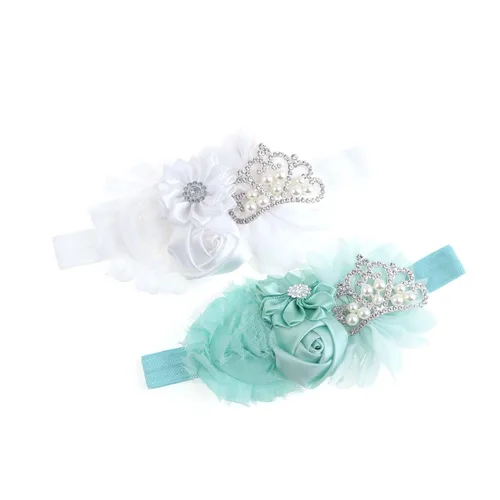 Vista 7 de Nishine Diadema elástica en pares para bautizo para bebés y niñas pequeñas, con flores, tiara elástica en pares (niños, marfil y rosa polvoriento)