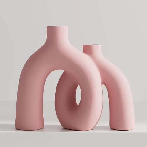Vista 12 de Juego de jarrones negros mate – Jarrones estéticos de cerámica Hug Hollow Donut para decoración del hogar, moderno jarrón decorativo nórdico