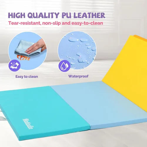 Vista 2 de Matladin Colchoneta plegable de piel sintética para gimnasia y ejercicios aeróbicos de 8 pies/6 pies, para estirar, yoga, animadoras, artes
