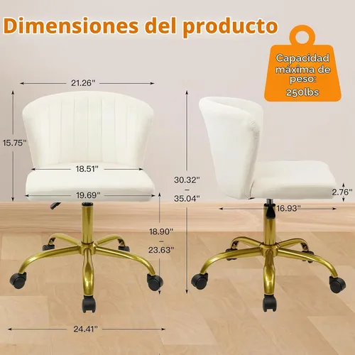 Vista 3 de CLATINA Silla de escritorio de terciopelo para el hogar con ruedas de base dorada, altura ajustable, tapizada, cómoda, ergonómica, sin brazos
