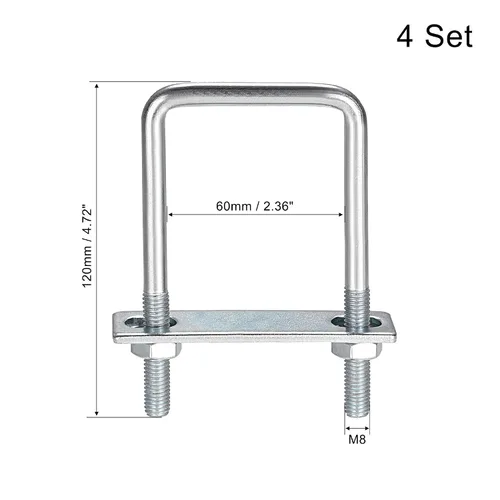 Vista 15 de uxcell Pernos cuadrados en U de 1 "(25 mm) de ancho interior de acero al carbono M8 con tuercas, placa de marco, arandelas redondas, juego de 4