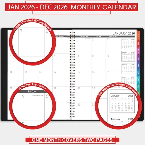 Vista 3 de Agenda mensual 2026/Calendario - Ene 2026 - Dic 2026, Agenda mensual 2026, 12 meses, piel sintética, 8.86" x 11.4", 15 páginas de notas