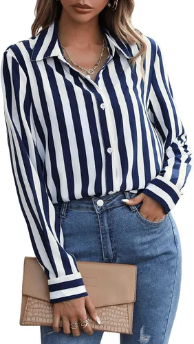 Vista 3 de SweatyRocks Blusa casual de manga larga con cuello frontal y botones a rayas para mujer