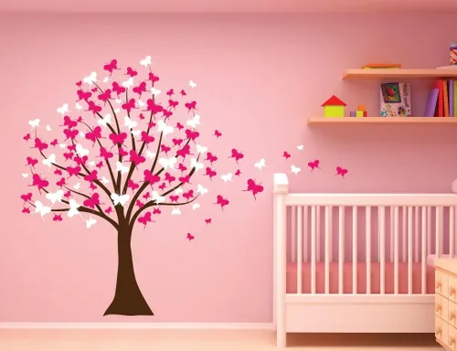 Vista 3 de Vinilo para pared de cerezo con mariposas, para recámara infantil 1139 (6 pies de altura), Vinilo, 72