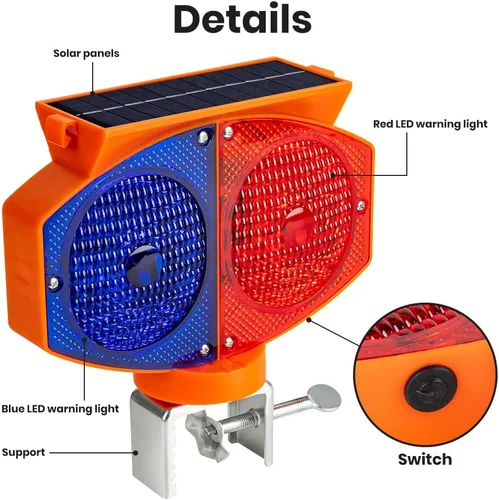 Vista 5 de Luz solar estroboscópica de advertencia, 3 modos de funcionamiento, luces de tráfico intermitentes rojas y azules de doble cara, inalámbricas