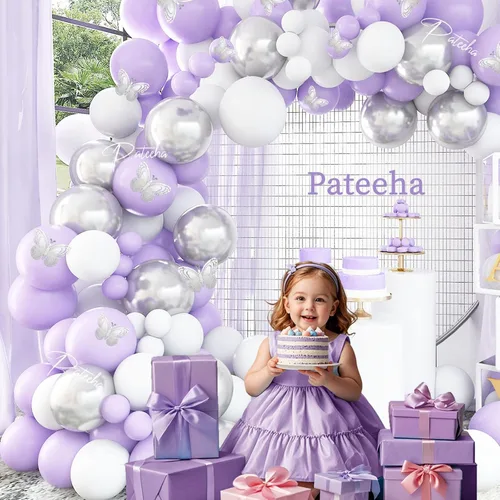 Vista 6 de Pateeha Kit de arco de globos morados, 140 piezas de guirnalda de arco de globos blanco lavanda y plata, calcomanías de mariposa, 12 piezas