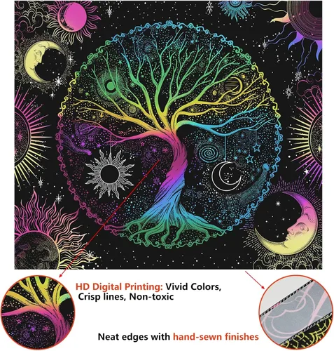 Vista 5 de AACKart Tapiz de luz negra para dormitorio - Tapiz espiritual del árbol de la vida que brilla en la oscuridad para colgar en la pared 59.1 x 51.2