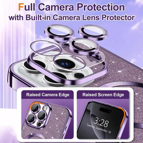 Vista 22 de Hython para iPhone 15 Plus Funda con chispas brillantes, Fundas transparentes magnéticas con protector de lente de cámara [Compatible con MagSafe]