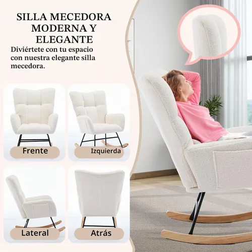 Vista 6 de Mecedora tapizada para cuarto de bebé, asiento acolchado con respaldo alto, patas de madera maciza para guardería, dormitorio, sala de estar