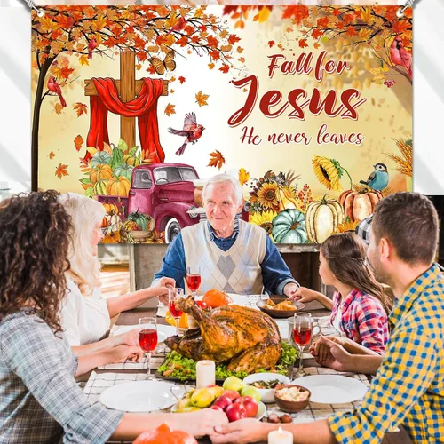Vista 2 de YE SU - Fondo de fotografía con texto en inglés "Fall for Jesus", "Jesús Él Never Leave", fondo de fotografía de otoño, calabaza, hojas de arce
