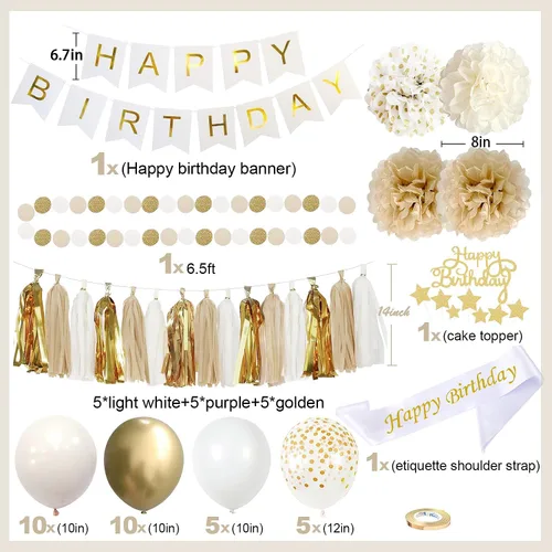 Vista 3 de Decoraciones de Fiesta de Cumpleaños Blancas y Doradas Mejoradas para Niñas, Mujeres y Hombres con Banda de Feliz Cumpleaños, Pancarta, Pompones