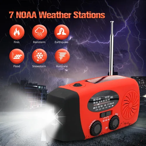 Vista 7 de Radio meteorológica de emergencia con manivela de emergencia de 18500mWh/5000mAh, radios solares iRonsnow NOAA/FM/AM, radio de supervivencia Rojo