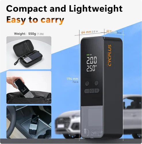 Vista 7 de CYCPLUS Inflador de Neumáticos Compresor de Aire Portátil - Bomba de Aire Inalámbrica de 150 PSI con Medidor Digital de Presión de Neumáticos