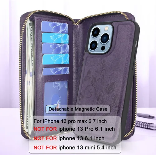 Vista 2 de Compatible con iPhone 13 Pro Max de 6.7 pulgadas 2021, cadena cruzada con doble cremallera, desmontable, magnética, de piel, para muñeca, 13 ranuras