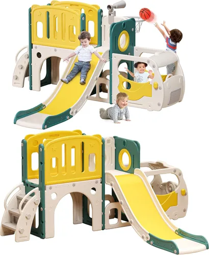Vista 8 de Juego de tobogán para niños pequeños/bebés, con temática de autobús; parque infantil con aro de baloncesto y área de escalada, para interiores