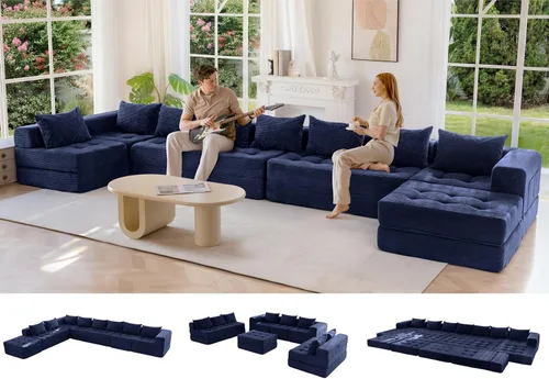 Vista 22 de MAXYOYO Sofá modular seccional, sofá plegable en forma de U con almohadas, sofá tumbona copetudo de 6 asientos sin huesos para sala de estar,