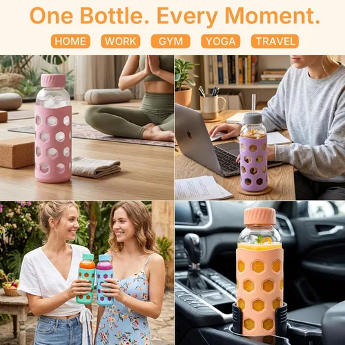 Vista 9 de [Usado] Sursip 16 oz Glass Juice Bottles with Lids, 6 Pack Reusable Clear Glass, Silicone Sleeves and Straws, Leakproof, For Juicing, Smoothies