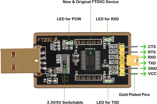 Vista 3 de FT232RL Adaptador USB a TTL para proyectos de desarrollo, módulo convertidor USB a serie con UART USB FTDI original compatible con Windows