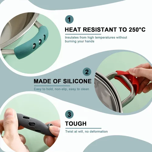 Vista 3 de 2 fundas de mango de silicona de 3 x 0.8 pulgadas, fundas de mango de sartén de hierro fundido, aislantes de calor, funda antideslizante para Verde
