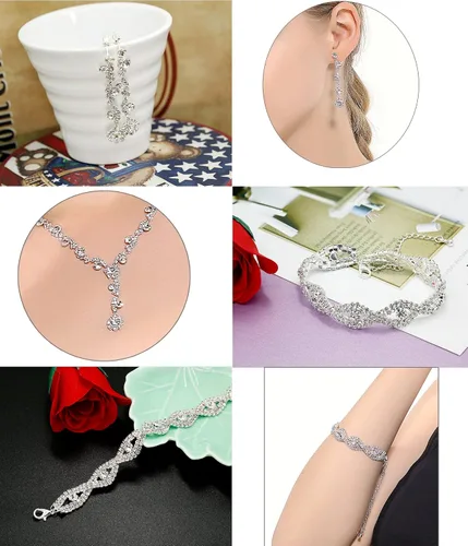 Vista 5 de Udalyn - Juego de joyas de dama de honor con diamantes de imitación para mujer, collar y aretes para boda con pulsera de cristal