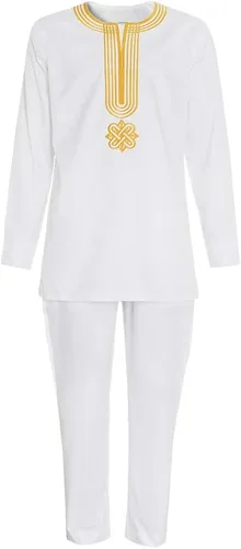 Vista 3 de HD Ropa Africana para Hombre Agbada con Bordado, Conjunto de Camiseta y Pantalón Dashiki 3 Piezas Blanco-g