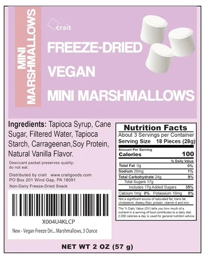 Vista 2 de Malvaviscos veganos, mini malvaviscos liofilizados, aperitivos veganos, 2.5 onzas