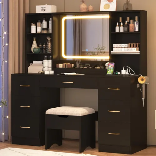 Vista 2 de chartustriable Escritorio grande de maquillaje de 47 pulgadas con espejo LED inteligente y estación de carga, juego de mesa negra con taburete