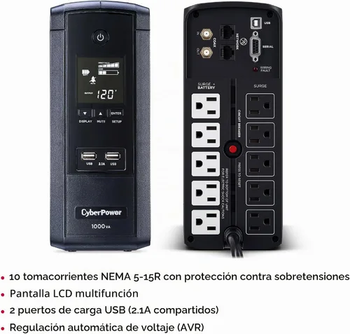 Vista 5 de Ordenador de escritorio brg1500avrlcd CyberPower, con salida ups, puertos avr, lcd, usb Negro