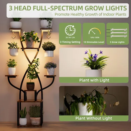 Vista 4 de Soporte para plantas de interior con luces de crecimiento, estante de metal de 8 niveles para múltiples plantas, soporte de esquina de 64 pulgadas