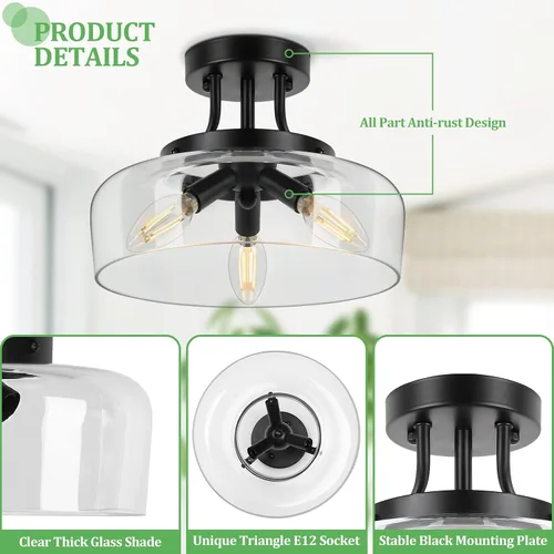 Vista 5 de Lámpara de techo industrial moderna semiempotrada con pantalla de vidrio transparente, lámpara de techo negra de 3 bombillas para cocina